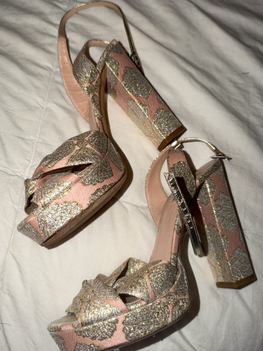 LK Bennett Pink and Gold Metallic Brocade Platform Sandals